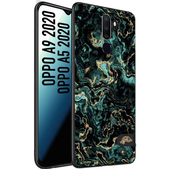 CUSTOMIZZA - Custodia cover nera morbida in tpu compatibile per Oppo A9 2020 - A5 2020 effetto marmo marble verde green venature dorato pietra