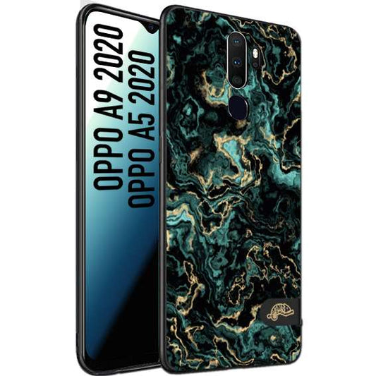 CUSTOMIZZA - Custodia cover nera morbida in tpu compatibile per Oppo A9 2020 - A5 2020 effetto marmo marble verde green venature dorato pietra