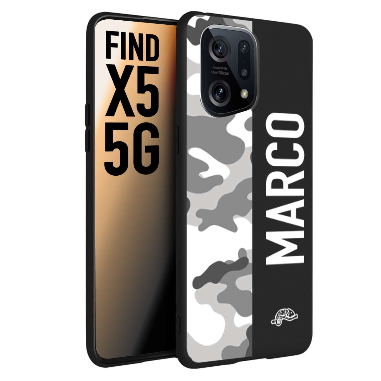 CUSTOMIZZA - Custodia cover nera morbida in tpu compatibile per Oppo Find X5 camouflage mimetico militare personalizzata nome bianco