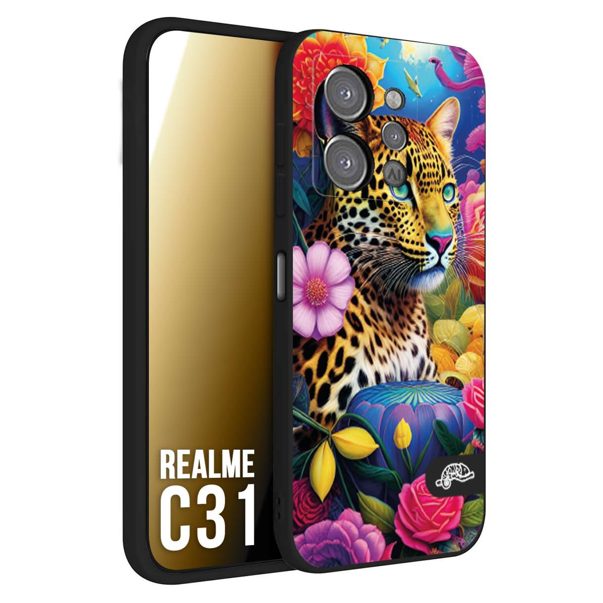 CUSTOMIZZA - Custodia cover nera morbida in tpu compatibile per Oppo Realme C31 astratti donna flower fantasia leopardo ghepardo animali colorati