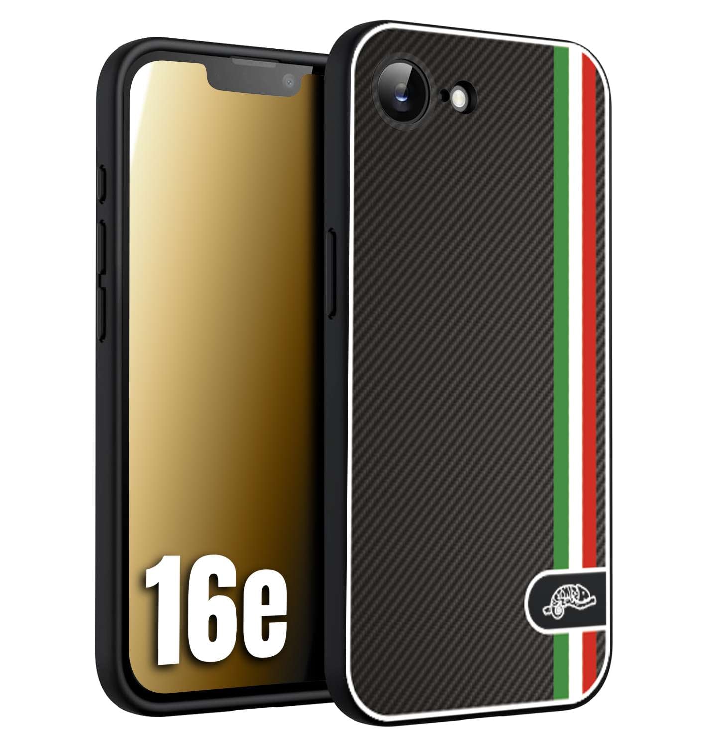 CUSTOMIZZA - Custodia cover nera morbida in tpu compatibile per iPhone 16E effetto fibra di carbonio bandiera Italia made in Italy