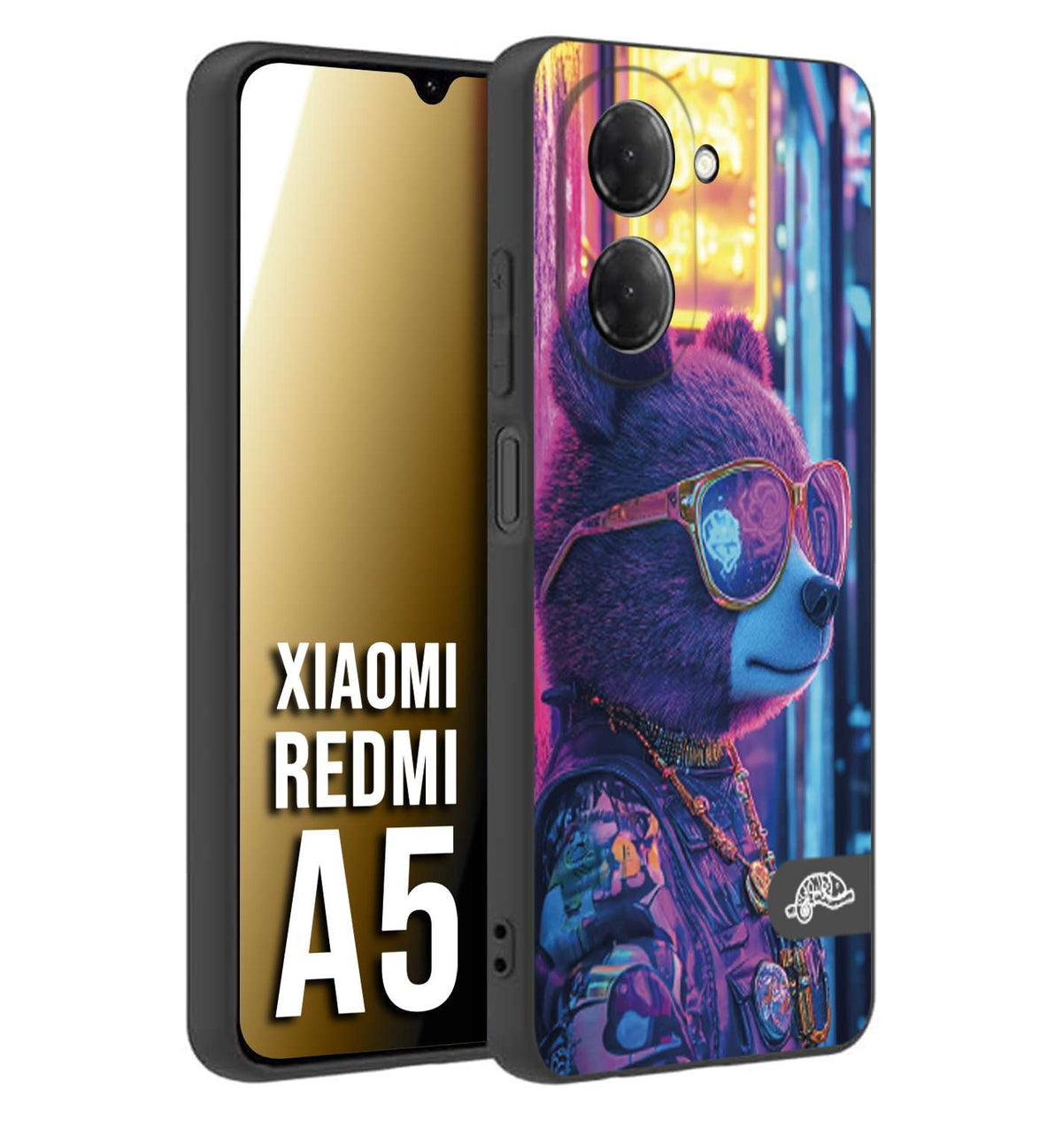 CUSTOMIZZA - Custodia cover nera morbida in tpu compatibile per Xiaomi Redmi A5 animali cyberpunk orsetto orso street bear fucsia blu night