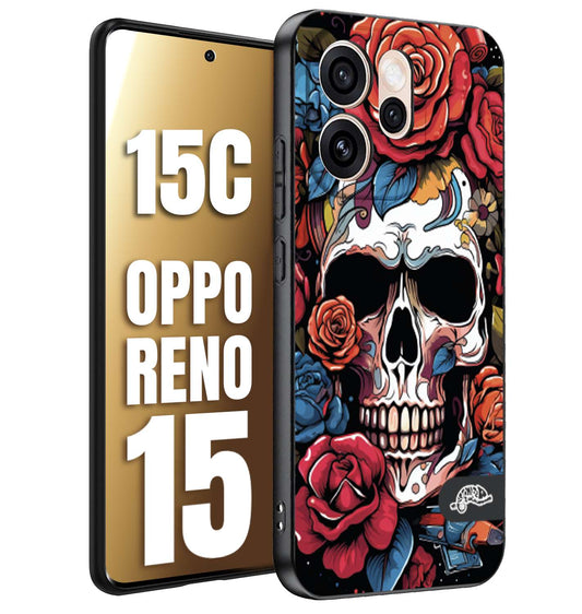 CUSTOMIZZA - Custodia cover nera morbida in tpu compatibile per Oppo Reno 15 - Reno 15Cteschio skull flowers fiori rose rosse tattoo disegnato