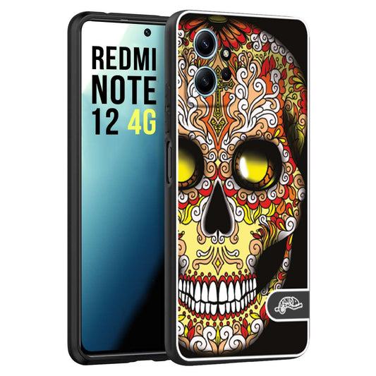 CUSTOMIZZA - Custodia cover nera morbida in tpu compatibile per Xiaomi Redmi Note 12 4G teschio messicano Mexican skull giallo rosso arancio