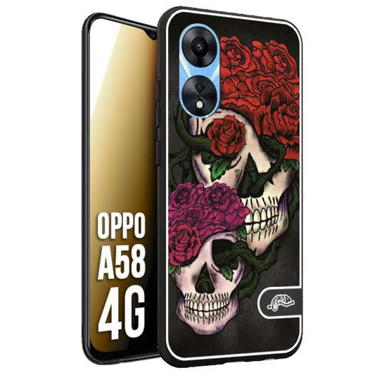 CUSTOMIZZA - Custodia cover nera morbida in tpu compatibile per Oppo A58 4G teschi e rose rosse fucsia skull and roses
