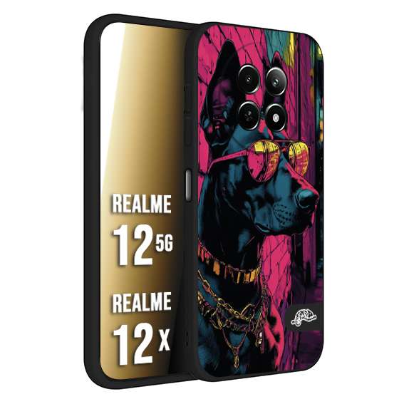 CUSTOMIZZA - Custodia cover nera morbida in tpu compatibile per Realme 12 5G - 12X animali cyberpunk dobermann cane street dog fucsia blu