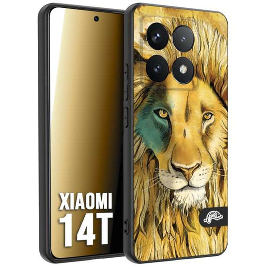 CUSTOMIZZA - Custodia cover nera morbida in tpu compatibile per Xiaomi 14T leone lion disegnato a mano giallo blu a rilievo artistico brown