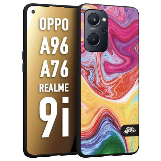 CUSTOMIZZA - Custodia cover nera morbida in tpu compatibile per Realme 9i - A96 - A76 colorata fantasia vortice marmo onde verde fucsia gialla