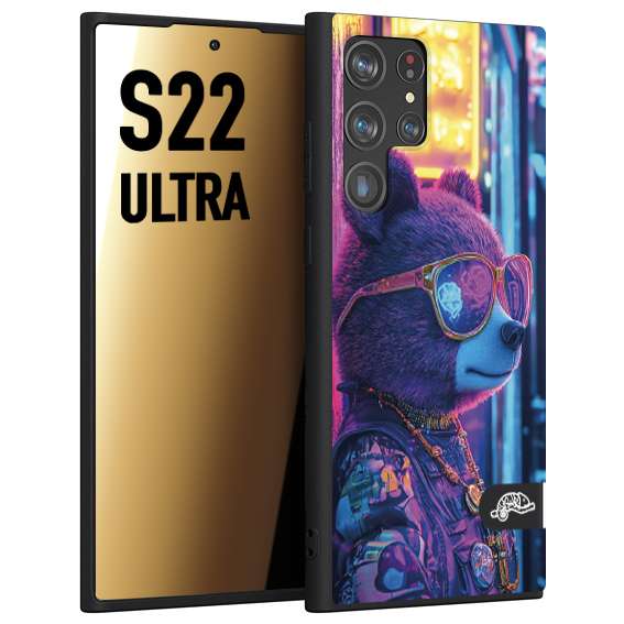 CUSTOMIZZA - Custodia cover nera morbida in tpu compatibile per Samsung S22 ULTRA animali cyberpunk orsetto orso street bear fucsia blu night