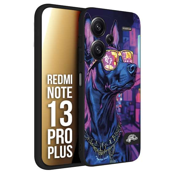 CUSTOMIZZA - Custodia cover nera morbida in tpu compatibile per Xiaomi Redmi Note 13 PRO PLUS animali cyberpunk dobermann cane street dog fucsia blu night