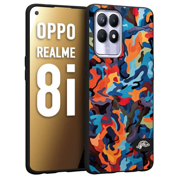 CUSTOMIZZA - Custodia cover nera morbida in tpu compatibile per Oppo Realme 8i camouflage mimetico militare moderno blu arancio rosso