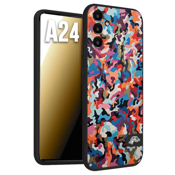 CUSTOMIZZA - Custodia cover nera morbida in tpu compatibile per Samsung A24 camouflage mimetico militare moderno blu arancio rosa