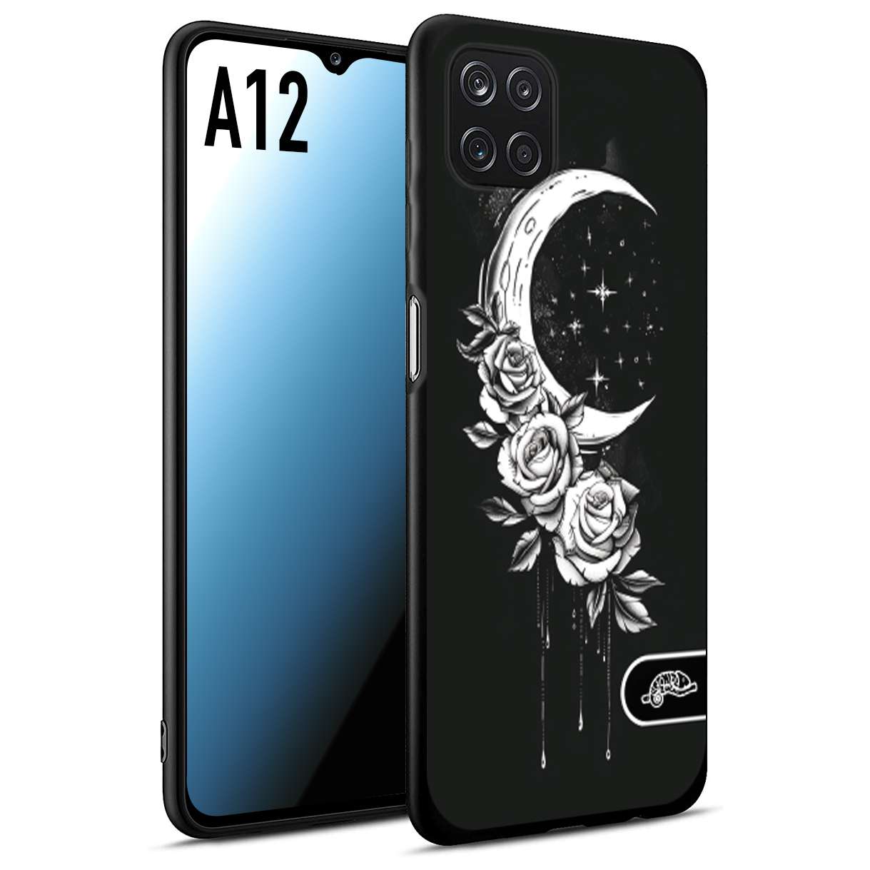 CUSTOMIZZA - Custodia cover nera morbida in tpu compatibile per Samsung A12 luna e fiori moon flowers black and white bianco a rilievo disegnato tattoo tatuaggio