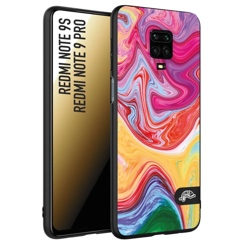 CUSTOMIZZA - Custodia cover nera morbida in tpu compatibile per Xiaomi Redmi Note 9S - Note 9 PRO colorata fantasia vortice marmo onde verde fucsia gialla