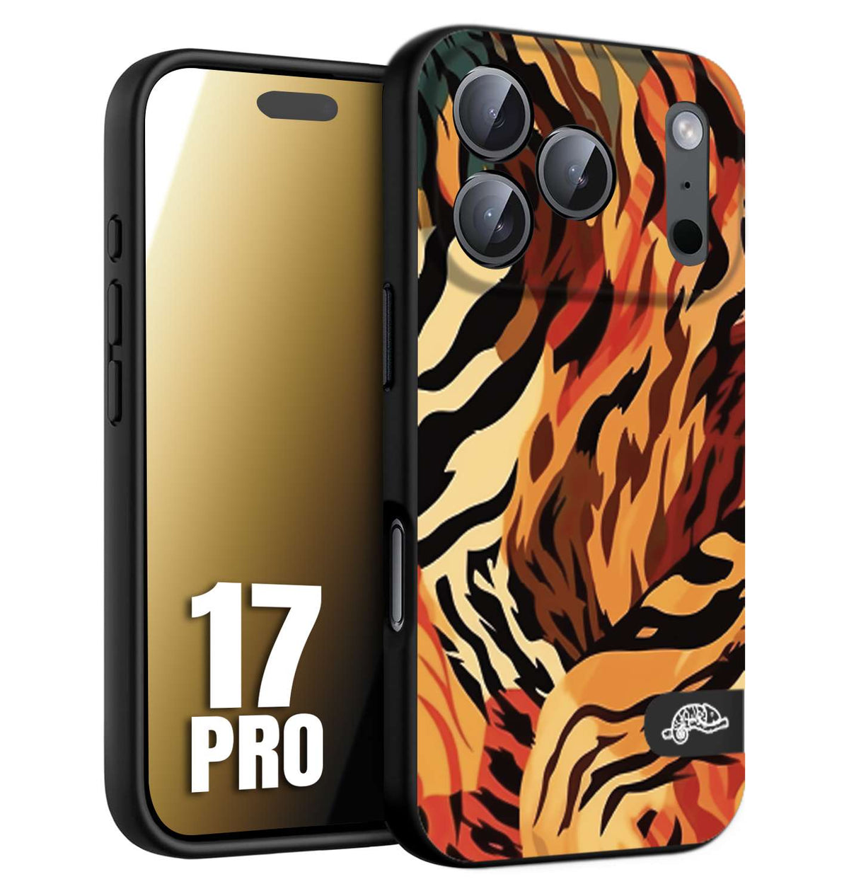 CUSTOMIZZA - Custodia cover nera morbida in tpu compatibile per iPhone 17 PRO leopardato maculato tigrato tiger colorata gialla rossa arancio