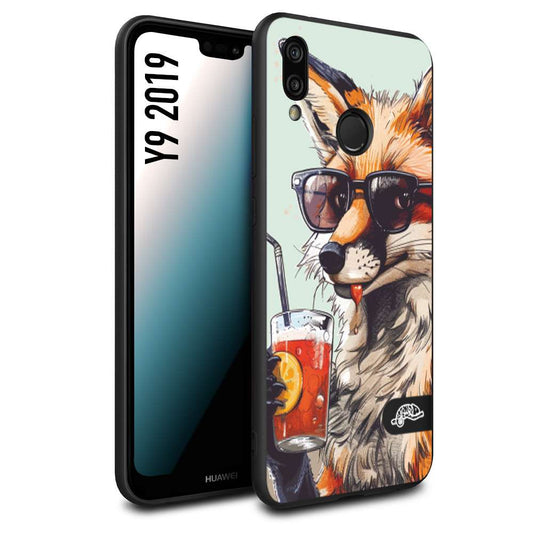 CUSTOMIZZA - Custodia cover nera morbida in tpu compatibile per Huawei Y9 2019 estate disegnata cocktails animali simpatici fox volpe negroni