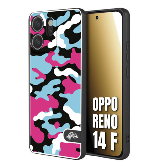 CUSTOMIZZA - Custodia cover nera morbida in tpu compatibile per Oppo Reno 14 F camouflage mimetico militare fucsia celeste
