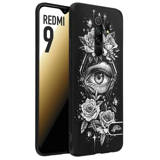 CUSTOMIZZA - Custodia cover nera morbida in tpu compatibile per Xiaomi Redmi 9 occhio fiori rombo geometrico black and white bianco a rilievo disegnato tattoo tatuaggio
