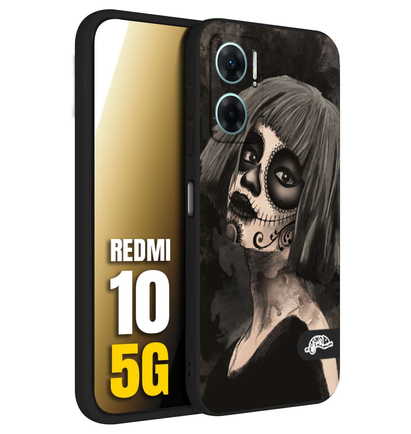 CUSTOMIZZA - Custodia cover nera morbida in tpu compatibile per Xiaomi Redmi 10 5G chicana messicana dea de la muerte donna santa tattoo disegnata
