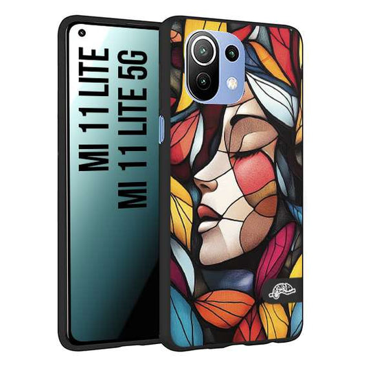 CUSTOMIZZA - Custodia cover nera morbida in tpu compatibile per Xiaomi Mi 11 Lite / Mi 11 Lite 5G Vetrata artistica volto di donna profilo fogliare mosaico di vetro colorato