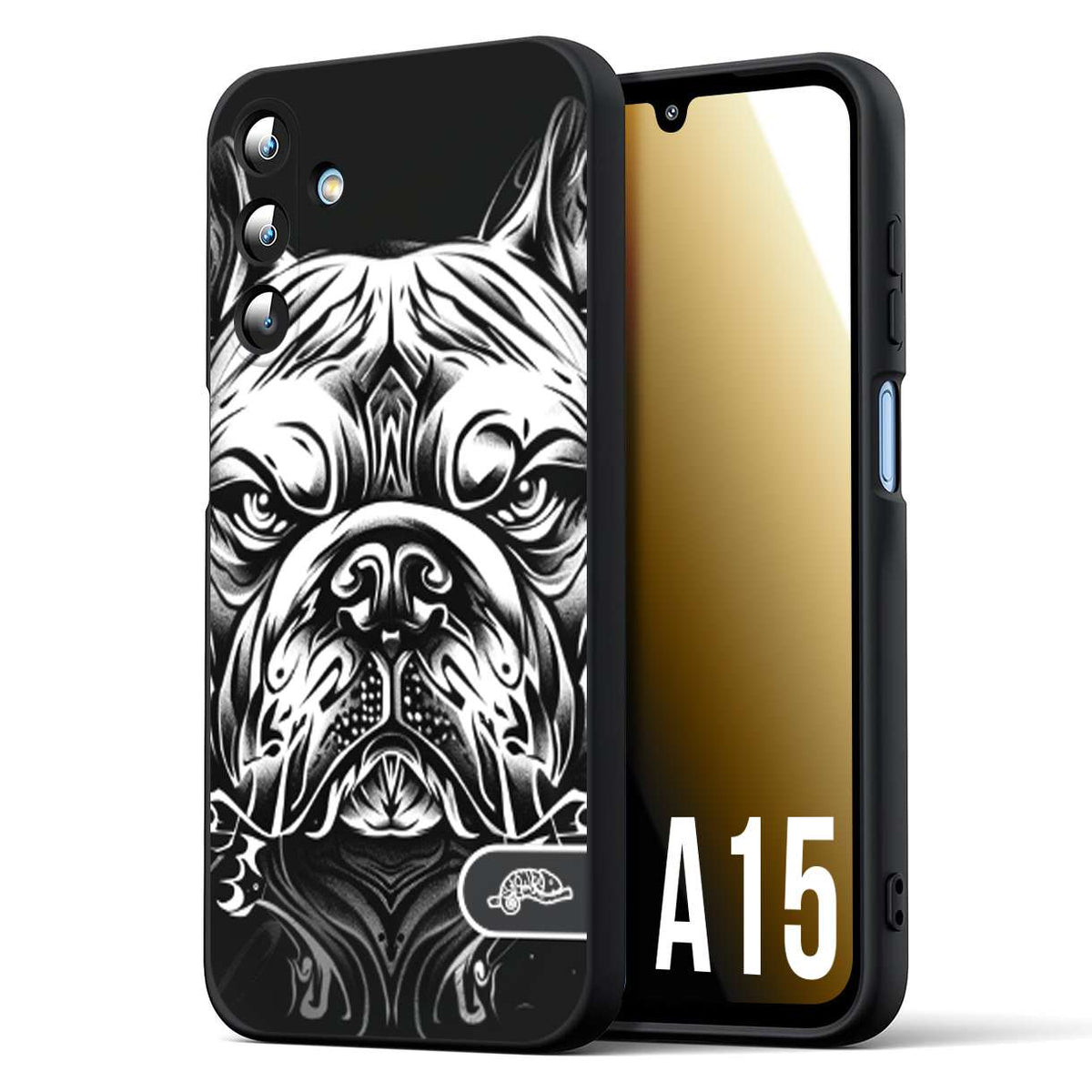 CUSTOMIZZA - Custodia cover nera morbida in tpu compatibile per Samsung A15 5G bulldog bianco a rilievo disegnato tattoo tatuaggio