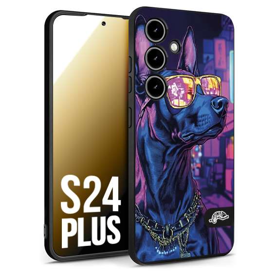 CUSTOMIZZA - Custodia cover nera morbida in tpu compatibile per Samsung S24 PLUS animali cyberpunk dobermann cane street dog fucsia blu night