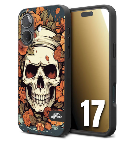 CUSTOMIZZA - Custodia cover nera morbida in tpu compatibile per iPhone 17 teschio skull flowers fiori tattoo disegnato alta definizione