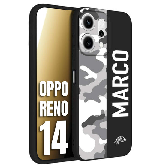 CUSTOMIZZA - Custodia cover nera morbida in tpu compatibile per Oppo Reno 14 camouflage mimetico militare personalizzata nome bianco
