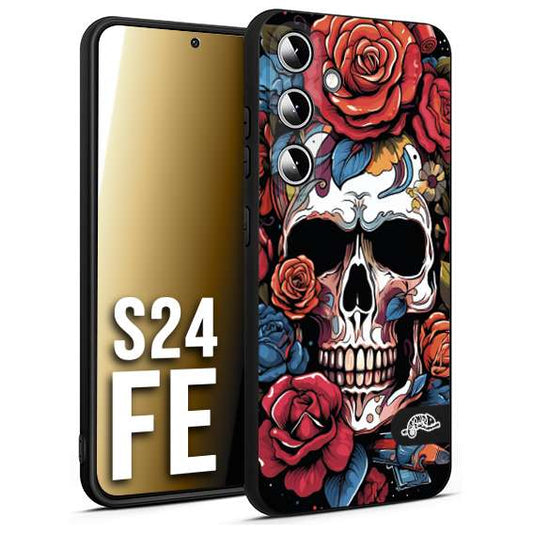 CUSTOMIZZA - Custodia cover nera morbida in tpu compatibile per Samsung S24 FE teschio skull flowers fiori rose rosse tattoo disegnato