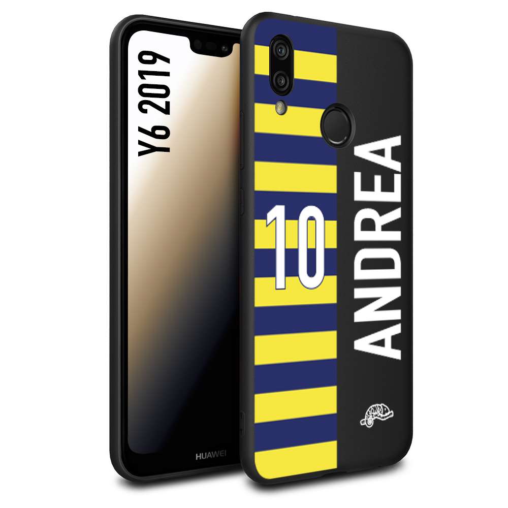 CUSTOMIZZA - Custodia cover nera morbida in tpu compatibile per Huawei Y6 2019 personalizzata calcio football nome e numero calciatori giallo blu