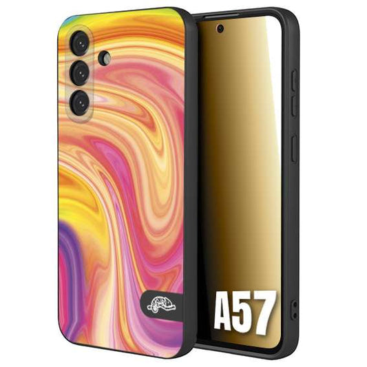 CUSTOMIZZA - Custodia cover nera morbida in tpu compatibile per Samsung A57 colorata fantasia vortice marmo onde rosa fucsia gialla