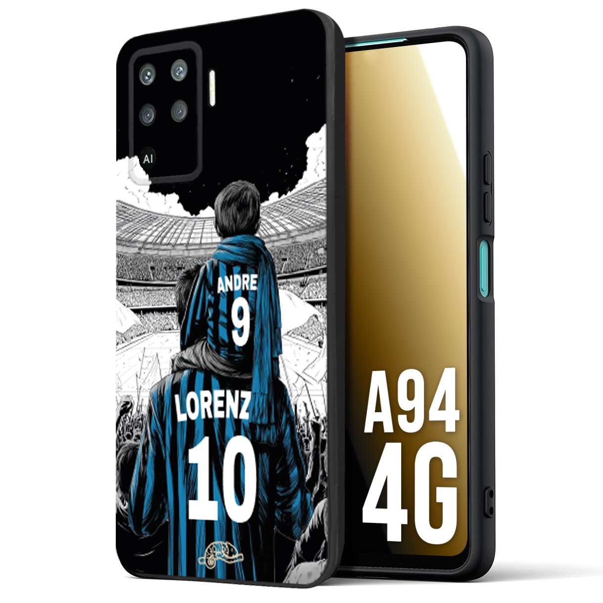 CUSTOMIZZA - Custodia cover nera morbida in tpu compatibile per Oppo A94 4G personalizzata calcio football padre e figlio calciatori nerazzurra