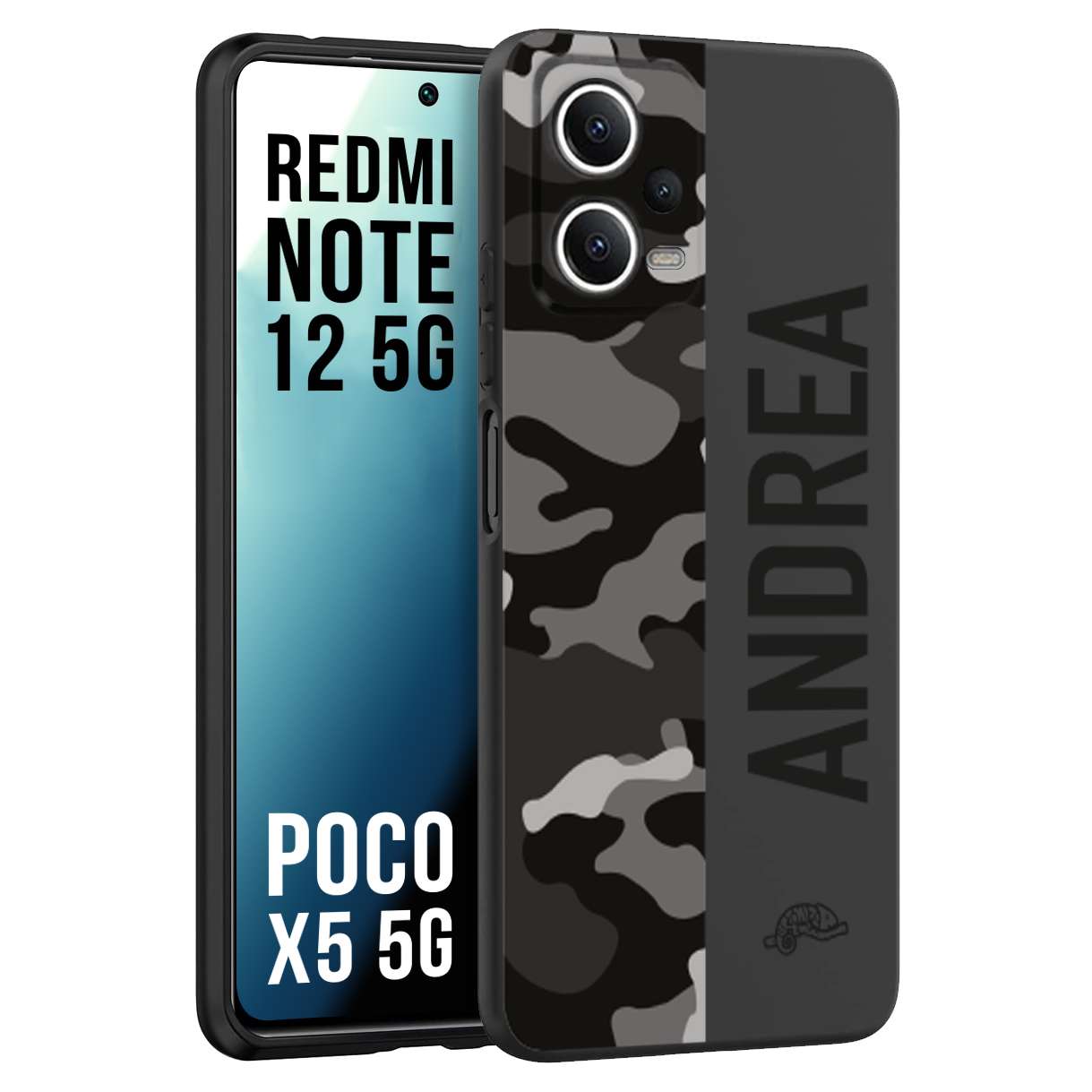 CUSTOMIZZA - Custodia cover nera morbida in tpu compatibile per Xiaomi Redmi Note 12 5G - POCO X5 5G camouflage mimetico militare personalizzata nome