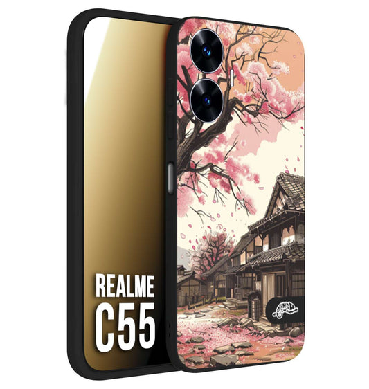 CUSTOMIZZA - Custodia cover nera morbida in tpu compatibile per Realme C55 casa giapponese rosa ciliegio in fiore disegnata tattoo