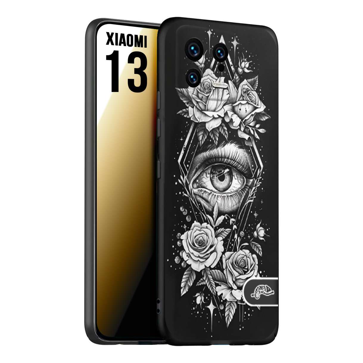 CUSTOMIZZA - Custodia cover nera morbida in tpu compatibile per Xiaomi 13 occhio fiori rombo geometrico black and white bianco a rilievo disegnato tattoo tatuaggio