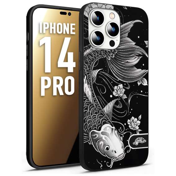 CUSTOMIZZA - Custodia cover nera morbida in tpu compatibile per iPhone 14 PRO carpa koi black and white bianco a rilievo disegnato tattoo tatuaggio