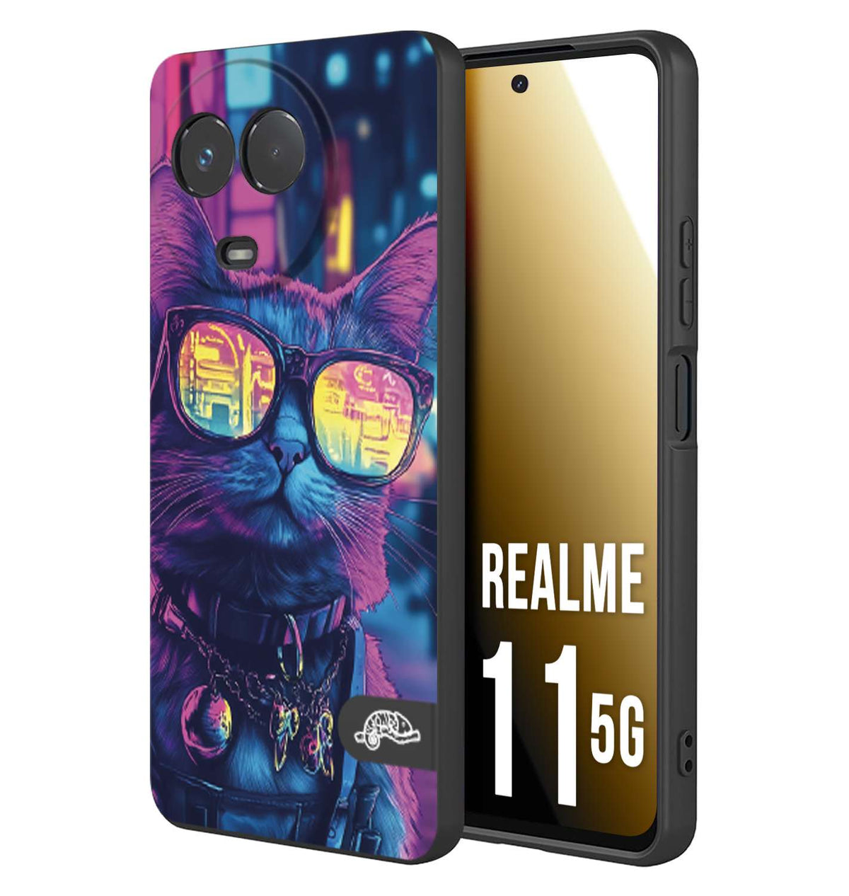 CUSTOMIZZA - Custodia cover nera morbida in tpu compatibile per Realme 11 5G animali cyberpunk gatto street cat fucsia blu giallo