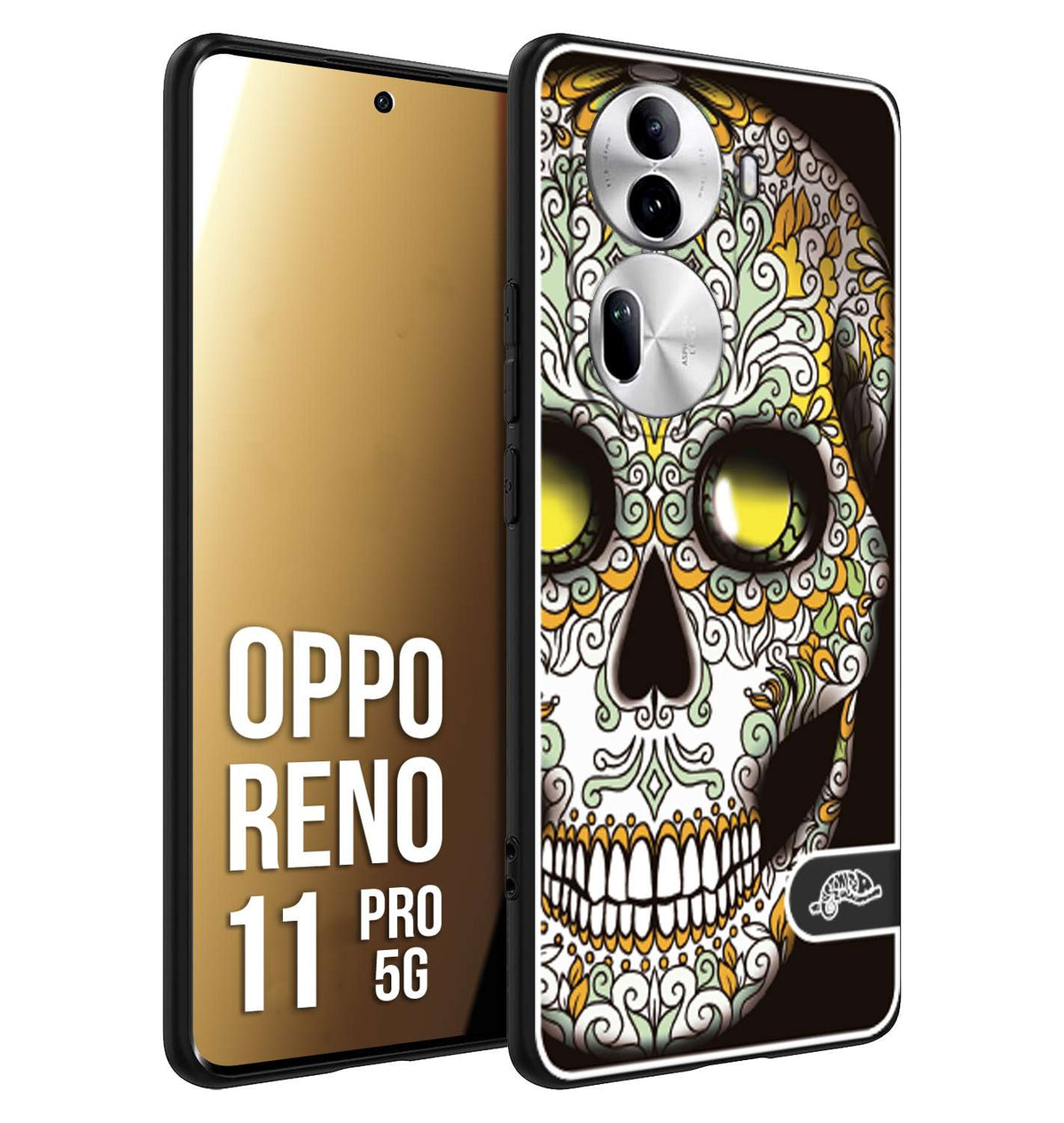 CUSTOMIZZA - Custodia cover nera morbida in tpu compatibile per Oppo Reno 11 PRO 5G teschio messicano Mexican skull bianco verde giallo