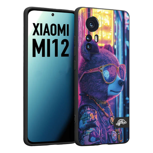 CUSTOMIZZA - Custodia cover nera morbida in tpu compatibile per Xiaomi 12 5G animali cyberpunk orsetto orso street bear fucsia blu night