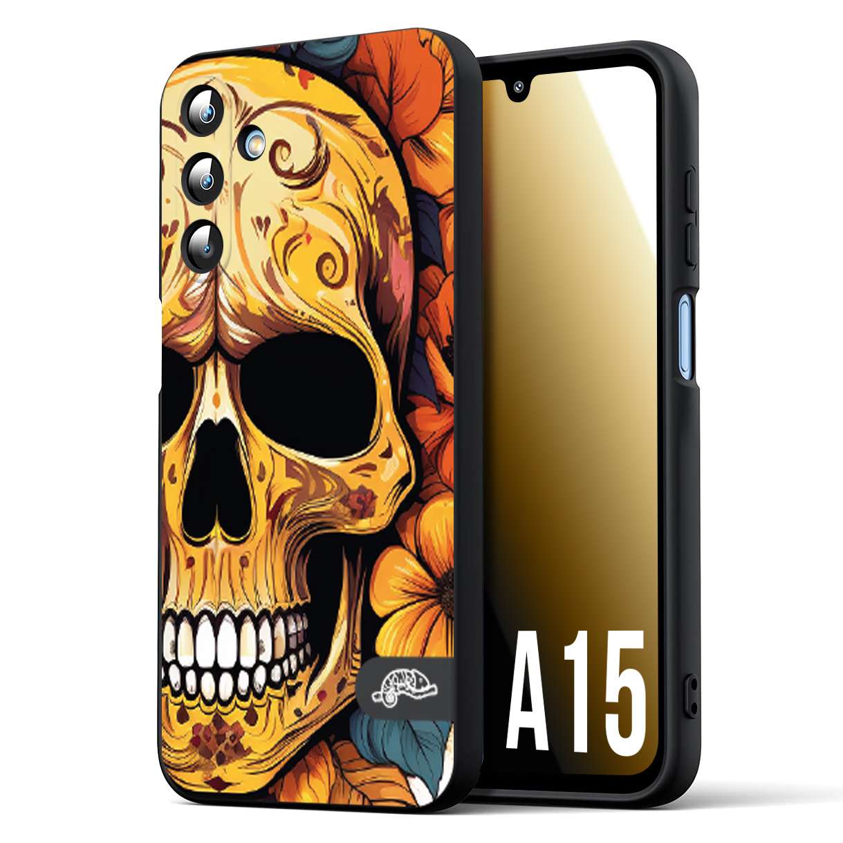 CUSTOMIZZA - Custodia cover nera morbida in tpu compatibile per Samsung A15 5G teschio messicano colorato dorato fiori autunnali disegnato