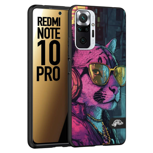 CUSTOMIZZA - Custodia cover nera morbida in tpu compatibile per Xiaomi Redmi Note 10 PRO animali cyberpunk pantera street cat fucsia blu giallo
