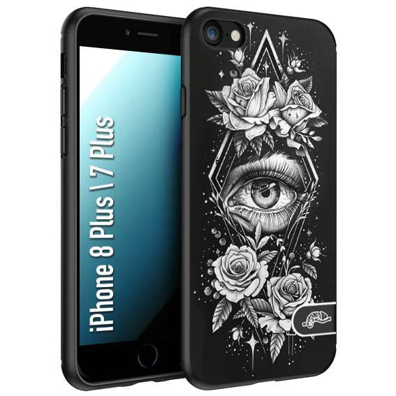 CUSTOMIZZA - Custodia cover nera morbida in tpu compatibile per iPhone 7 Plus - 8 plus occhio fiori rombo geometrico black and white bianco a rilievo disegnato tattoo tatuaggio
