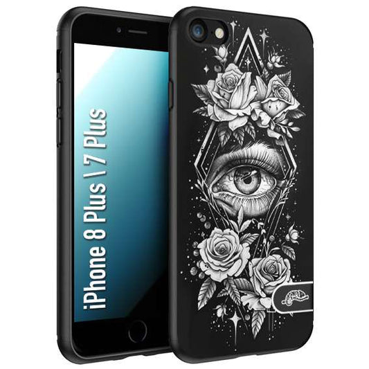 CUSTOMIZZA - Custodia cover nera morbida in tpu compatibile per iPhone 7 Plus - 8 plus occhio fiori rombo geometrico black and white bianco a rilievo disegnato tattoo tatuaggio