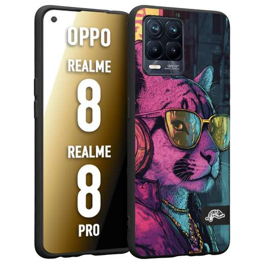 CUSTOMIZZA - Custodia cover nera morbida in tpu compatibile per Realme 8 - 8 PRO animali cyberpunk pantera street cat fucsia blu giallo