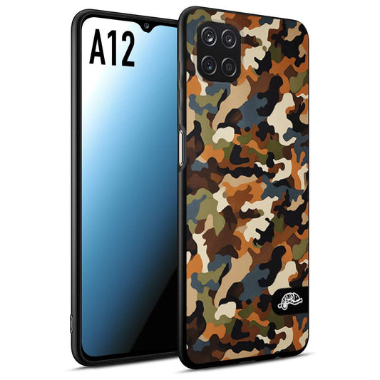 CUSTOMIZZA - Custodia cover nera morbida in tpu compatibile per Samsung A12 camouflage mimetico militare moderno blu marrone beige