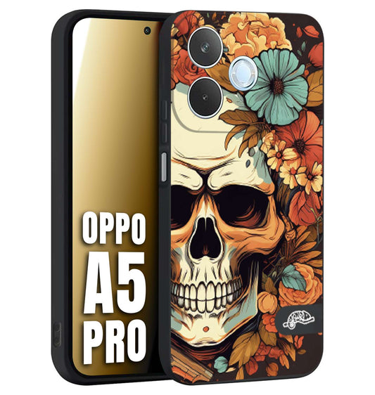 CUSTOMIZZA - Custodia cover nera morbida in tpu compatibile per Oppo A5 PRO teschio skull flowers fiori autunnali arancio celeste tattoo