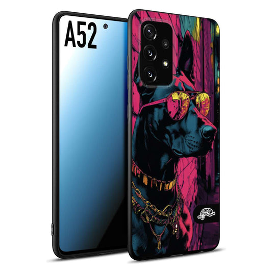 CUSTOMIZZA - Custodia cover nera morbida in tpu compatibile per Samsung A52 animali cyberpunk dobermann cane street dog fucsia blu