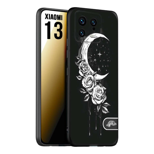 CUSTOMIZZA - Custodia cover nera morbida in tpu compatibile per Xiaomi 13 luna e fiori moon flowers black and white bianco a rilievo disegnato