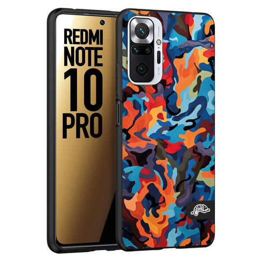 CUSTOMIZZA - Custodia cover nera morbida in tpu compatibile per Xiaomi Redmi Note 10 PRO camouflage mimetico militare moderno blu arancio rosso