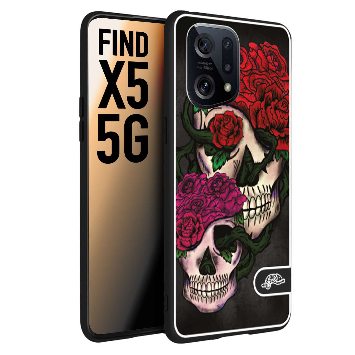 CUSTOMIZZA - Custodia cover nera morbida in tpu compatibile per Oppo Find X5 teschi e rose rosse fucsia skull and roses